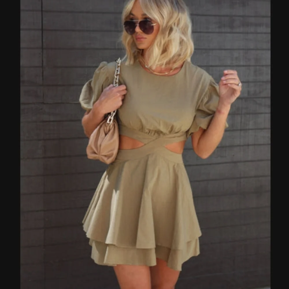 Nwt VICI Puff Sleeve Mini Cutout Dress small 4 olive green - Picture 2 of 13